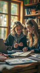 Financial Literacy Lesson in a Cozy Home Office: Middle-Aged Mother and Teenage Daughter Bond Over Budgeting