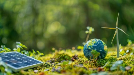 Miniature Earth globe on mossy ground with solar panel and wind turbine, representing sustainable energy and environmental conservation, renewable energy sources and eco-friendly practices