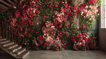 Photo Studio Boasting Staircase And Backdrop Adorned With Floral Wall