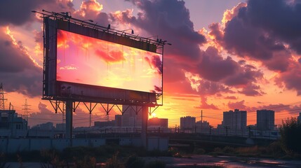 Beautiful sunset with a large, blank sign board on a highway and a foggy sky in the background a topic of advertisement, Generative AI.