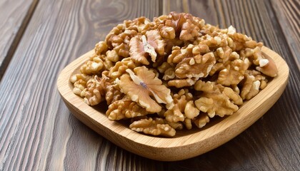 Obraz premium Crunchy Goodness: Top View of Walnut Kernels on Wooden Plate