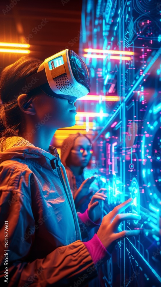 Aufkleber futuristic tech lab scene with young female and male engineers innovating with robotics and ai, unde
