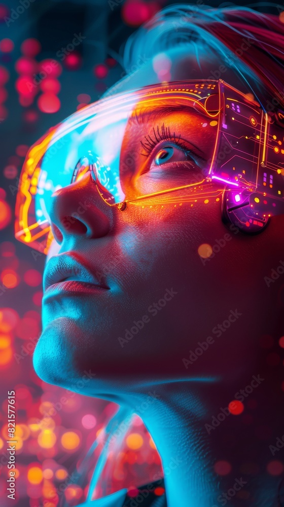 Poster Futuristic Tech Lab: Young Female Professional Engaged in AI and Robotics Innovation at an Advanced Technology Company