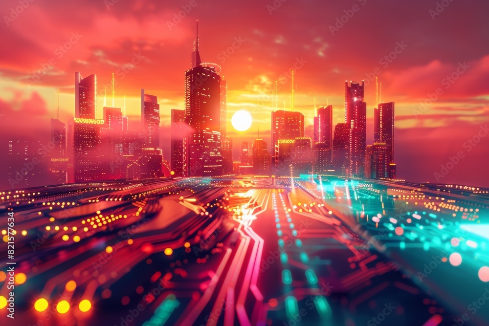 Fototapete Sunset Illuminates High-Tech Cityscape: Macro View of Intricate Circuit Board Symbolizing Innovation and Technological Growth