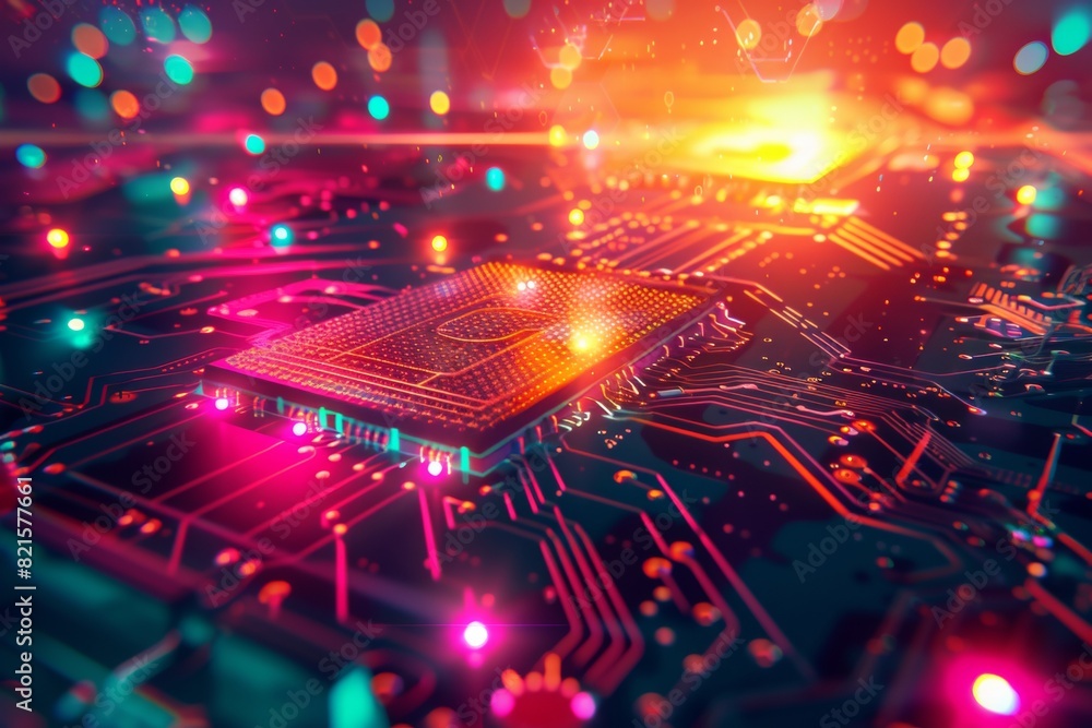 Poster Macro View of High-Tech Circuit Board Illuminated in Vivid Colors, Emphasizing Innovation and Technological Advancement
