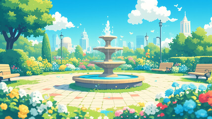 fountain in the park, kawaii illustration of a park, cute fountain in the park, outdoors, recreation areas, spring time, outdoors, summer in the park