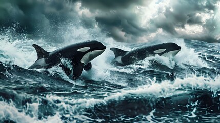 Fototapeta premium Two orcas breaching the water surface