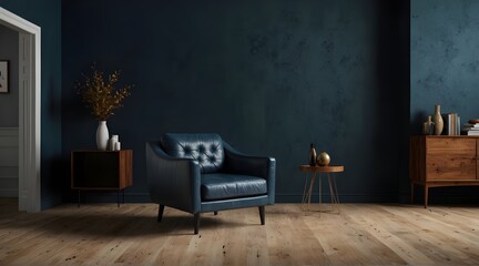 Modern interior of living room with leather armchair on wood flooring and dark blue wall