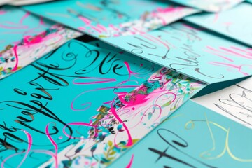 Colorful Array of Creative Typography Greeting Cards Featuring Blended Calligraphy and Modern Fonts on a Desk