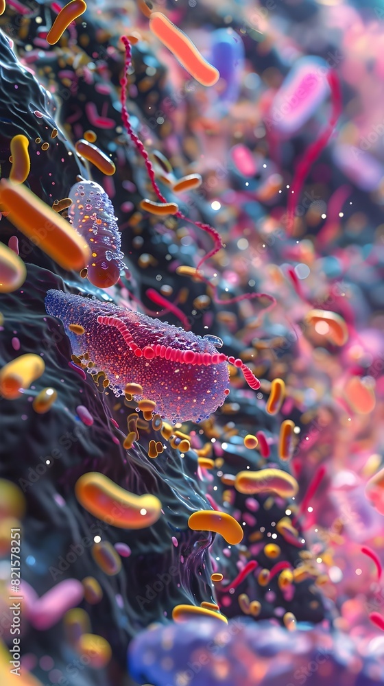Poster d rendering of a vivid microbial communitys dynamic interplay