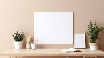 Modern office desk with blank poster on clipboard, minimalist decor, bright light