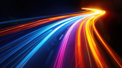 colorful light trails on a highway at night.