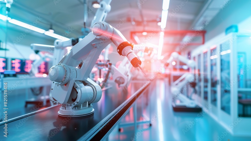 Poster High-Tech Manufacturing Floor with Automated Robots Assembling Products, Showcasing Technological Innovation and Precision