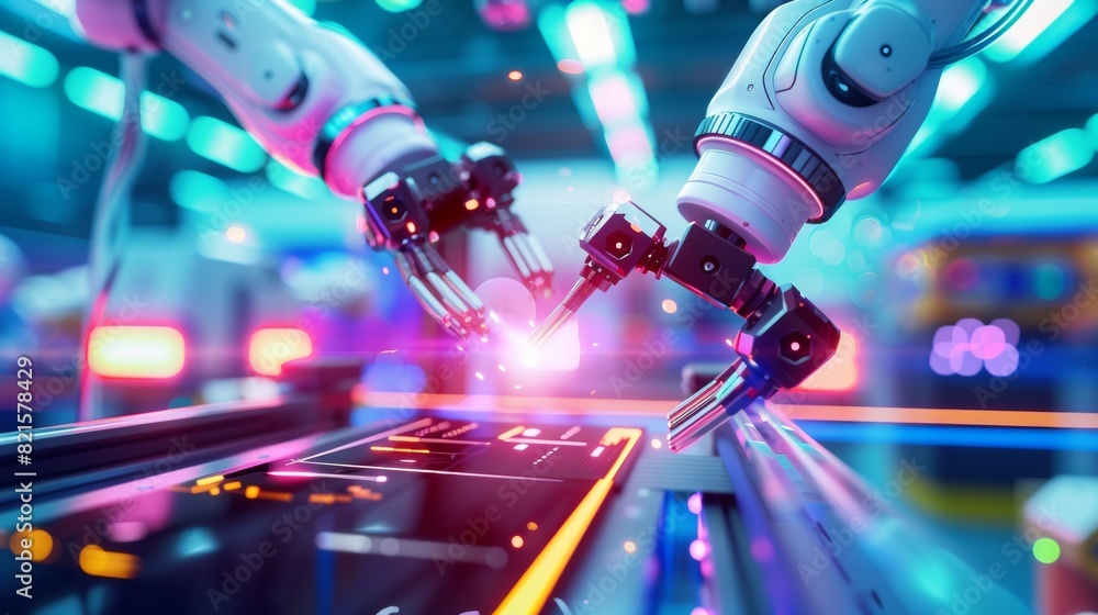 Leinwandbilder High-Tech Manufacturing Floor with Advanced Robots and Automated Systems Assembling Products in a Modern Factory
