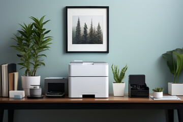 Fototapeta premium Blank flyer on a stylish office desk, computer and stationery