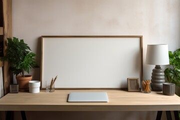 Desk with computer monitor, blank screen, text area