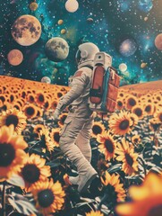 Surreal Back to School Image: Astronaut with School Backpack Floating in Space Over Sunflower Field