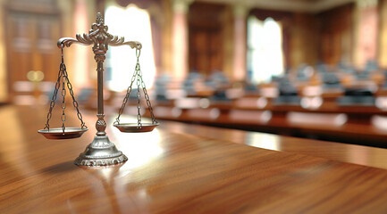 The floating golden scales of justice on the judge's table, courtroom background, law and justice concept, close-up view. Techniques for taking sharp, realistic photos