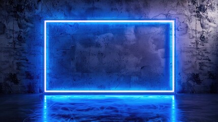 A glowing blue neon frame on a dark concrete wall background
