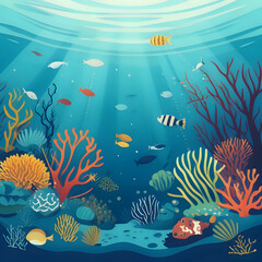 Fototapeta na wymiar flat design of Underwater scene of happy and untouched ocean life - generated by ai