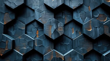 Dark blue wooden honeycomb with glowing orange cracks.