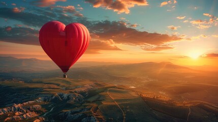 Fototapeta premium A red heart-shaped hot air balloon floats over a stunning landscape of mountains and valleys.