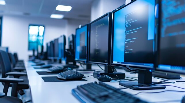 Close-up of a high-tech computer lab, rows of monitors and computers arranged for digital learning, modern education environment