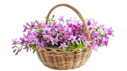 Basket made of wood Planting orchids, purple flowers, pink flowers are blooming. Isolated on white background