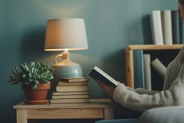 Succulent plant, books and lamp on the shelf with mock-up of an empty wall against a pale green backdrop, Generative AI.