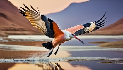 Fototapeta premium Crane silhouette soaring over a sunset lake Majestic crane in flight at dusk Peaceful scene of a crane flying over water background