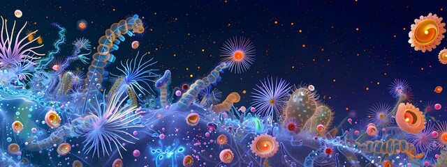 Fototapeta premium Fantastical Microbiome Mesmerizing Bioluminescent Dinoflagellates in a Starry Night Sky