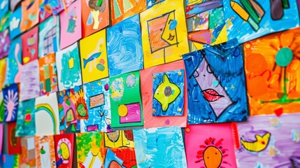 Close-up of a colorful bulletin board filled with kindergarten children's artwork, showcasing creativity and vibrant colors, isolated background