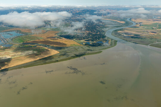 Aerial view of patterns of agricultural fields and Bel Marin Keys in the Sacramento River Delta