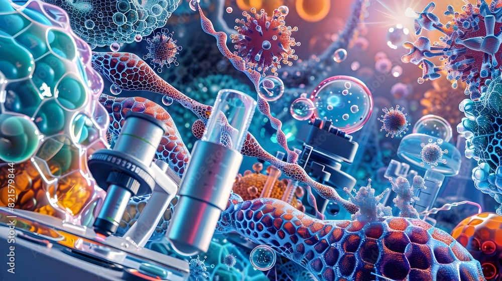 Poster intricate tapestry of microscopic lifeforms a vivid of the micrographic realm in the laboratory