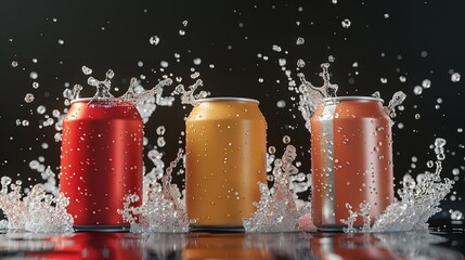 An advertisement mock-up featuring a cold and colourful metallic soda can that is splattering water and has drips of condensation in it against dark backdrop, Generative AI.
