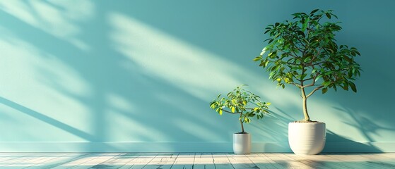 Stunning minimalist home interior design, a pale green wall with tree saplings  and large text space on the wall for advertising, Generative AI.