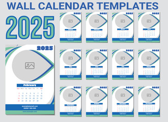 calendar 2025, week start Sunday wall calendar design design template vector,Week starts on Sunday. January, February, March, April, May, June, July, August, September, October, November, December