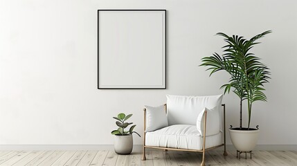 white chair with green plant beside it in empty room and wooden frame on the wall