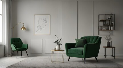 Living room style minimal with green armchair on empty white wall background- 3D rendering