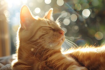 A brown cat portrait with closed eyes, enjoying the morning light at home, set against a hazy background with copy space, Generative AI.