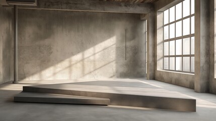 A large room with a window and a concrete floor generated by AI