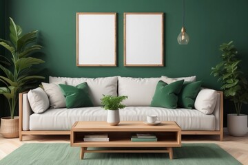 composition of stylish living room interior, blank poster frame, modular sofa, wooden coffee table