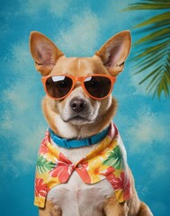 A cute brown puppy sitting on the summer beach by the sea