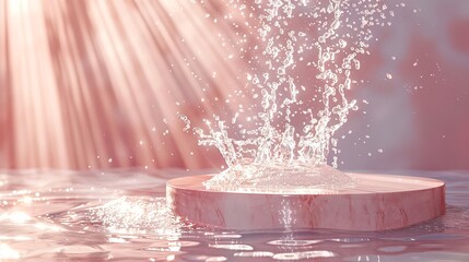 Presenting products and cosmetics at a close-up podium with water splashes over light pink backdrop, Generative AI.