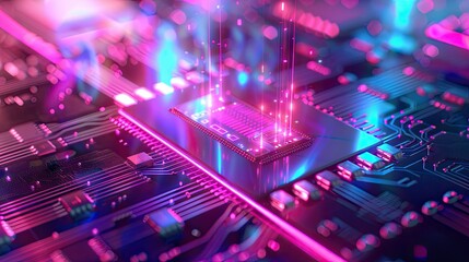AI word on microchip and colorful light spread with strong beam