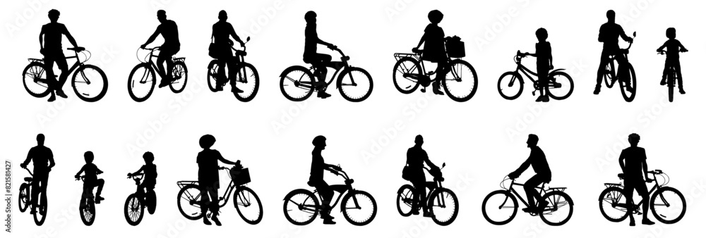 Poster happy family riding bicycle together, vector silhouette. little boy and girl riding bicycle with par