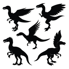 Set of Archaeopteryx black Silhouette Vector on a white background