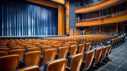 Empty school auditorium with rows of seats and a stage, close-up shot highlighting the neat arrangement, ready for events and gatherings