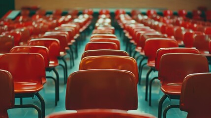 Fototapeta premium Empty classroom with rows of neatly arranged desks and chairs, close-up shot, highlighting the readiness for back-to-school, perfect for educational visuals