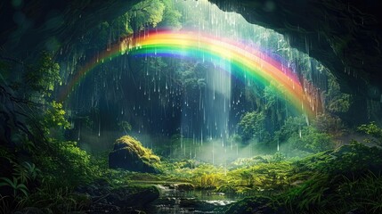 rainbow on a black background, a dark atmosphere, a fantasy landscape with a magical rainbow and greenery,